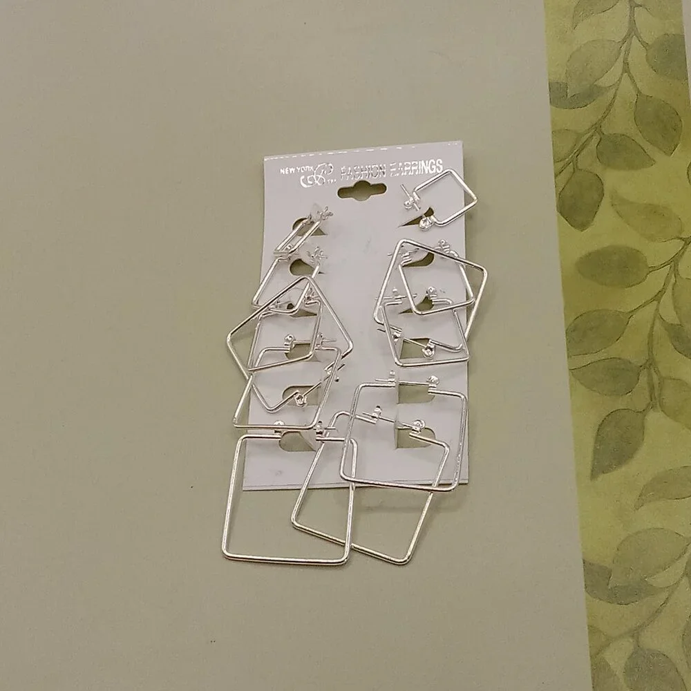 Square Silver Tone 6 Pair Earrings Pierced Set Everyday Light Weight - Picture 7 of 7